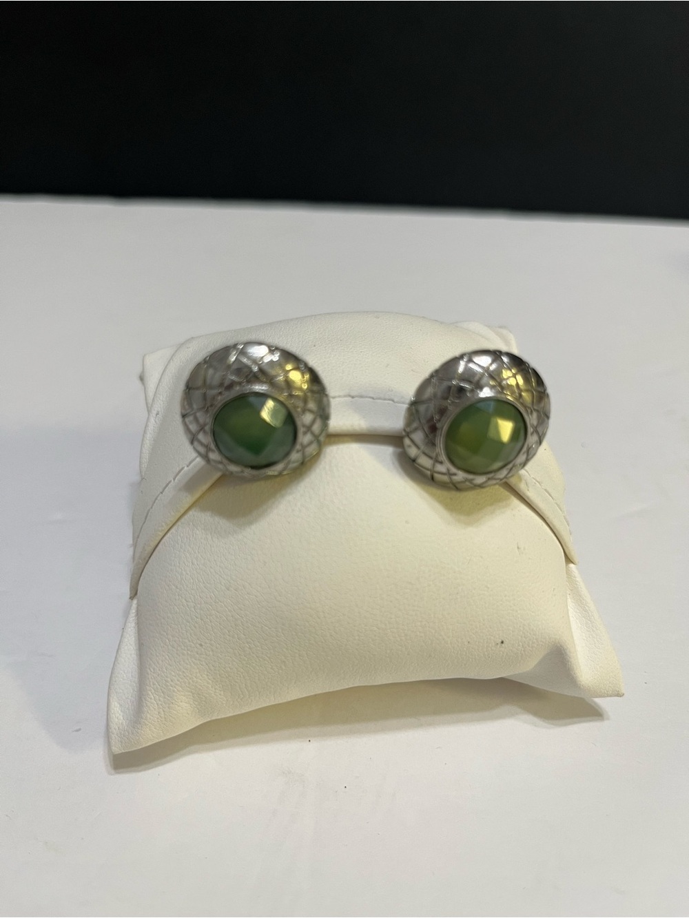 Silver-Tone Green Stone Dome Stud Earrings - Women Accessories